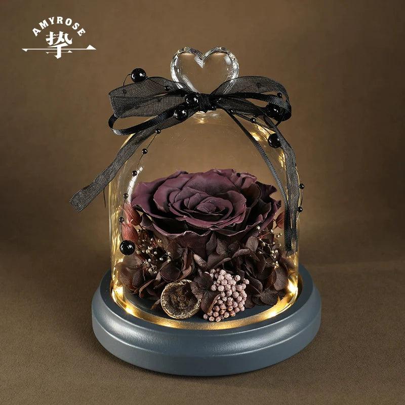 Wholehearted  Eternal Preserved Rose Glass Dome Heart-Shaped Bouquet - Luxury Valentine's Gift for Her Birthday