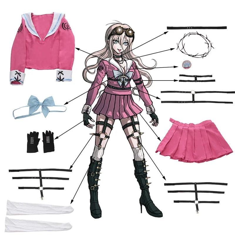 Game Danganronpa Miu Iruma Cosplay Costume Women Pink School Uniform Halloween Top Skirt Bow Full Set