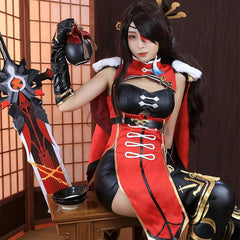 Game Genshin Impact Beidou Cosplay Costume Women Black Red Costume Halloween Dress Cloak Headwear Full Set