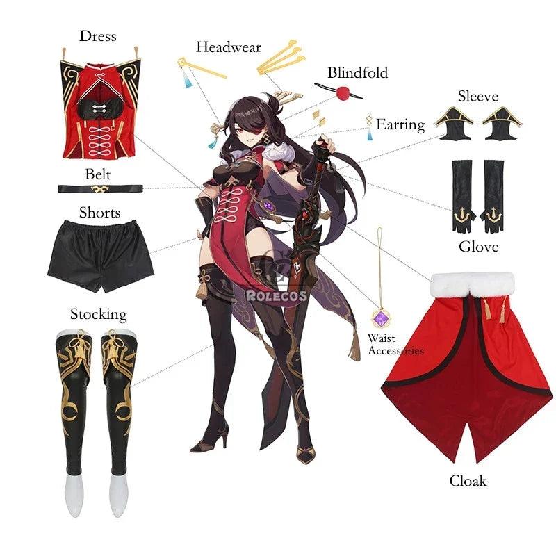 Game Genshin Impact Beidou Cosplay Costume Women Black Red Costume Halloween Dress Cloak Headwear Full Set