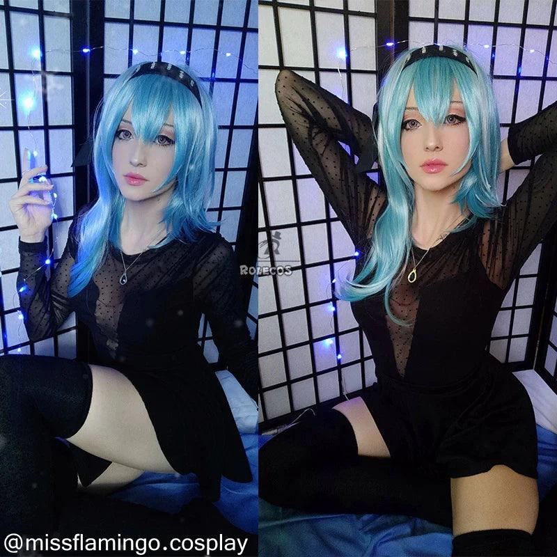 Game Genshin Impact Cosplay Wig Eula 50cm Blue Headwear Eula Cos  Heat Resistant Synthetic Hair