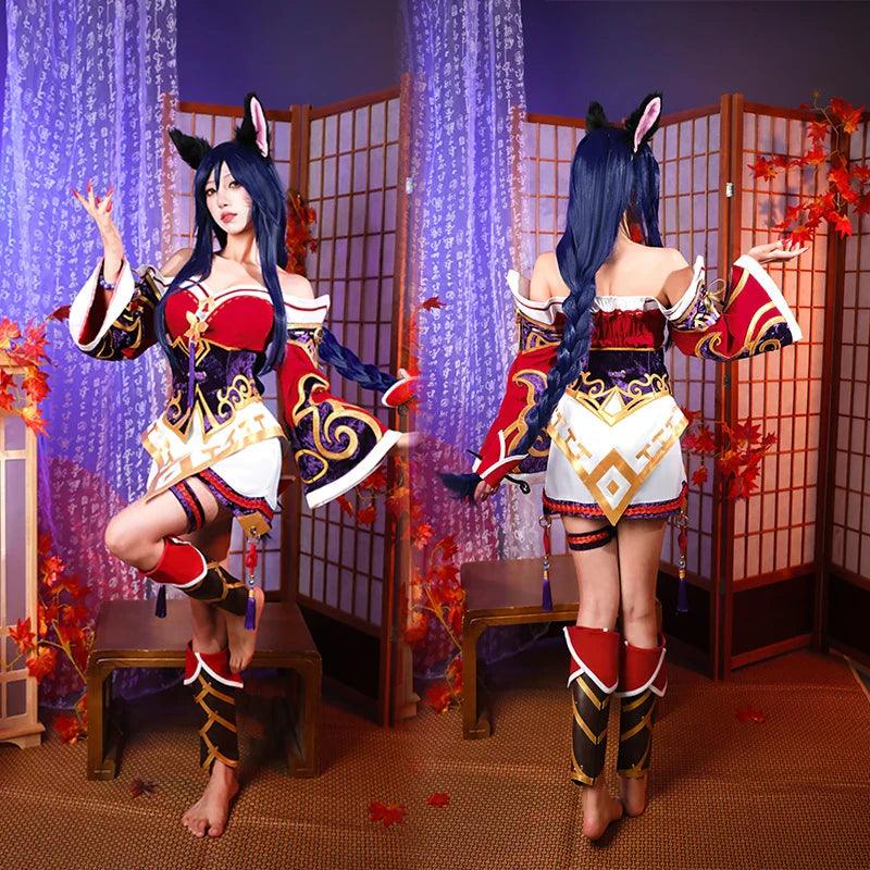 Game LOL Nine-tailed Fox Ahri Cosplay Costume Ahri Cosplay Wig Game LOL Ahri Costume Women Red Dress Full Set