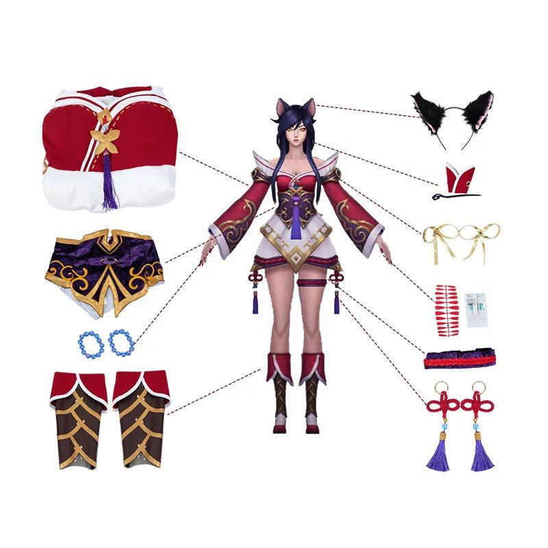 Game LOL Nine-tailed Fox Ahri Cosplay Costume Ahri Cosplay Wig Game LOL Ahri Costume Women Red Dress Full Set