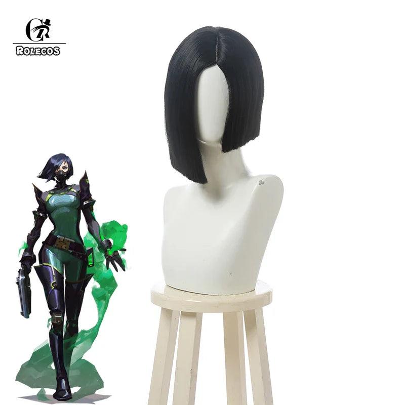 Game Valorant Viper Cosplay Wigs 35cm Short Black Wig Halloween Heat Resistant Synthetic Hair