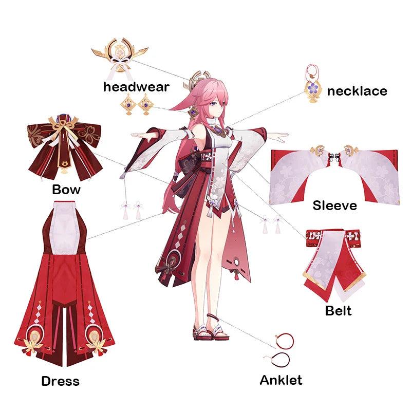 Genshin Impact Yae Miko Cosplay Costume Yae Guuji Cosplay Costume Women Dress Outfits Halloween Full Set with Headwear