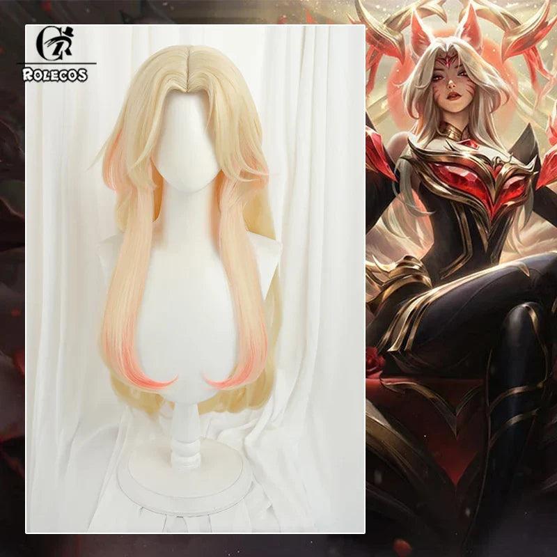 LOL Immortalized Legend Ahri Cosplay Wig 75cm Yellow Mixed Red Color Women Heat Resistant Synthetic Hair