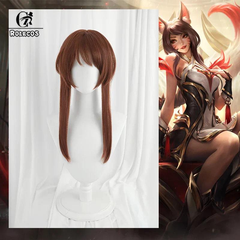 LOL Risen Legend Ahri Cosplay Wig 65cm Brown Color with Braid Wigs Women Heat Resistant Synthetic Hair