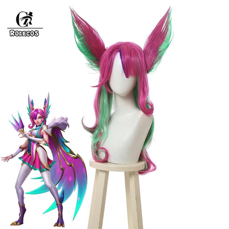 LOL Star Guardian Xayah Cosplay Wig 65cm Mixed Color Women Cosplay Wigs with Ears Heat Resistant Synthetic Hair