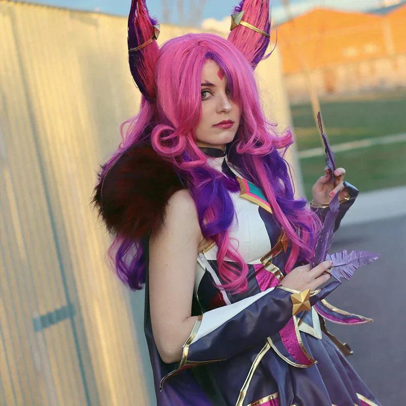 LOL Star Guardian Xayah Cosplay Wig The Rebel Wigs 65cm Long Pink Purple Wig with Ears Heat Resistant Synthetic Hair