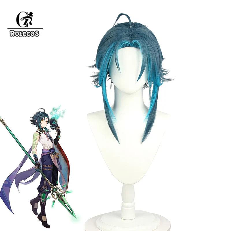 Xiao Cosplay Wig Genshin Impact Xiao Cosplay Wig 40cm Mixed Blue Headwear Short Wigs Heat Resistant Synthetic Hair