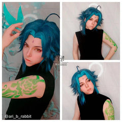 Xiao Cosplay Wig Genshin Impact Xiao Cosplay Wig 40cm Mixed Blue Headwear Short Wigs Heat Resistant Synthetic Hair