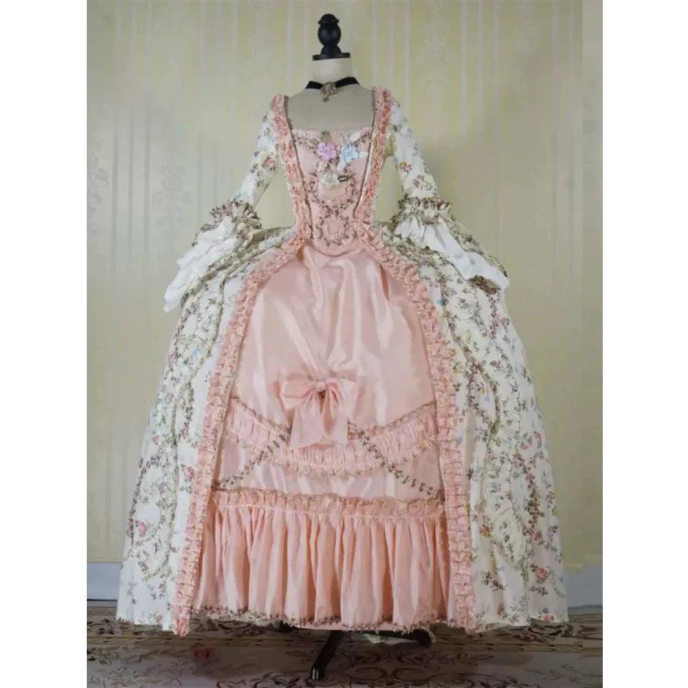 Renaissance Pink Floral Dress French Style Robe Medieval Victorian Court Rococo Baroque Princess Ball Gown Theater Costume