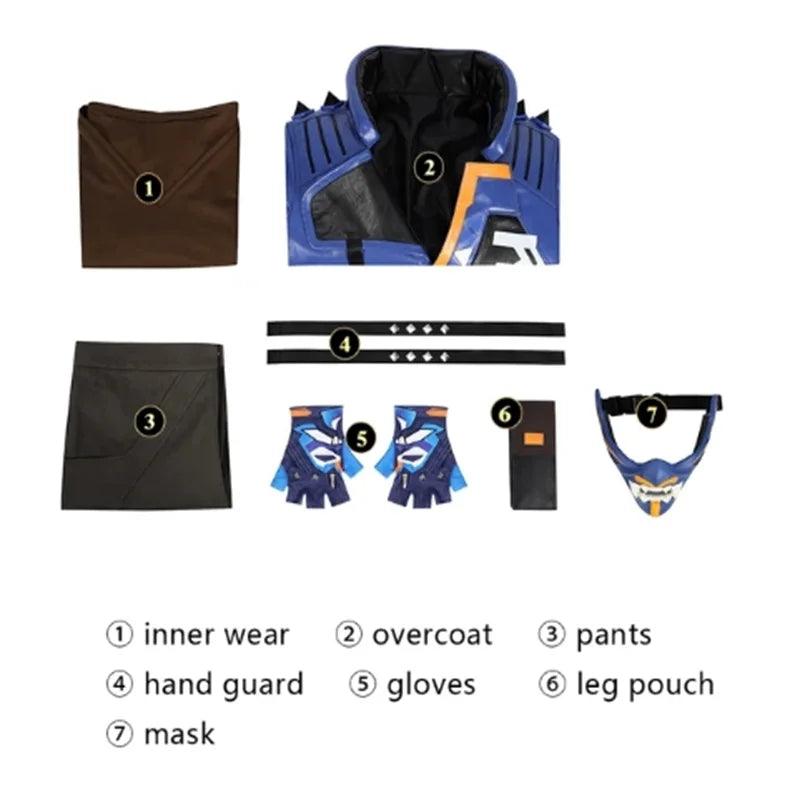 Valorant Yoru Cosplay Costume Men Blue Uniform Halloween Carnival Outfit Full Set