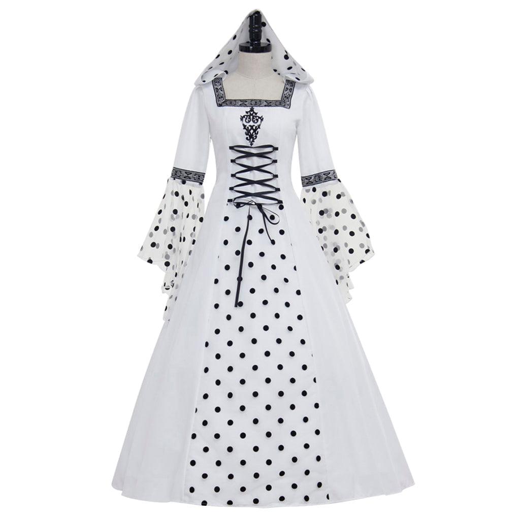 Gothic Steampunk Hooded Polka Dot White Dress Medieval Victorian Renaissance Royal Court Costume Halloween Vampire Ball Gown