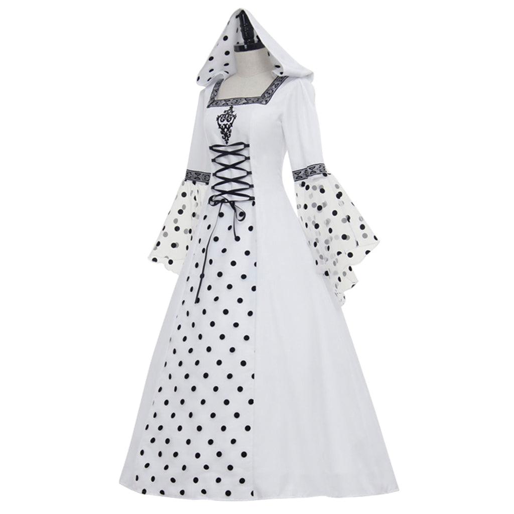 Gothic Steampunk Hooded Polka Dot White Dress Medieval Victorian Renaissance Royal Court Costume Halloween Vampire Ball Gown