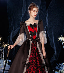 Autumnal Empress Gown: Brown with Black - Crimson Motifs for Halloween & Galas - Coscosmos