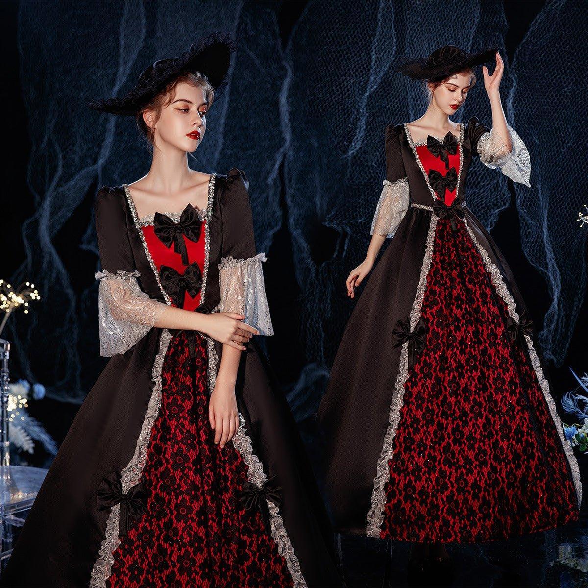 Autumnal Empress Gown: Brown with Black - Crimson Motifs for Halloween & Galas - Coscosmos