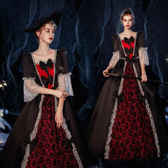 Autumnal Empress Gown: Brown with Black - Crimson Motifs for Halloween & Galas - Coscosmos