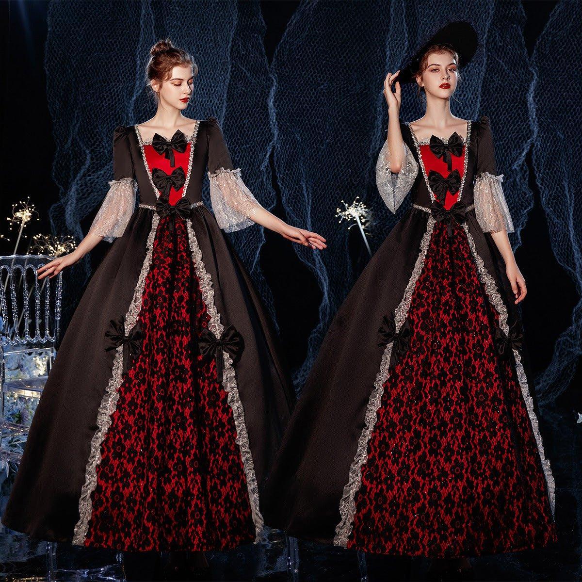 Autumnal Empress Gown: Brown with Black - Crimson Motifs for Halloween & Galas - Coscosmos