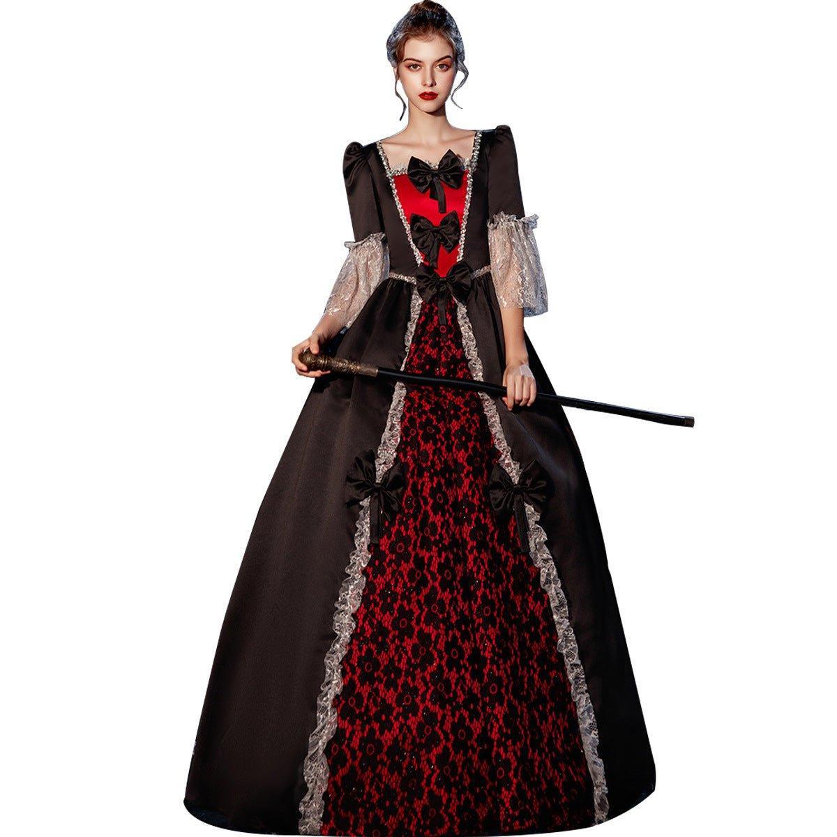 Autumnal Empress Gown: Brown with Black - Crimson Motifs for Halloween & Galas - Coscosmos