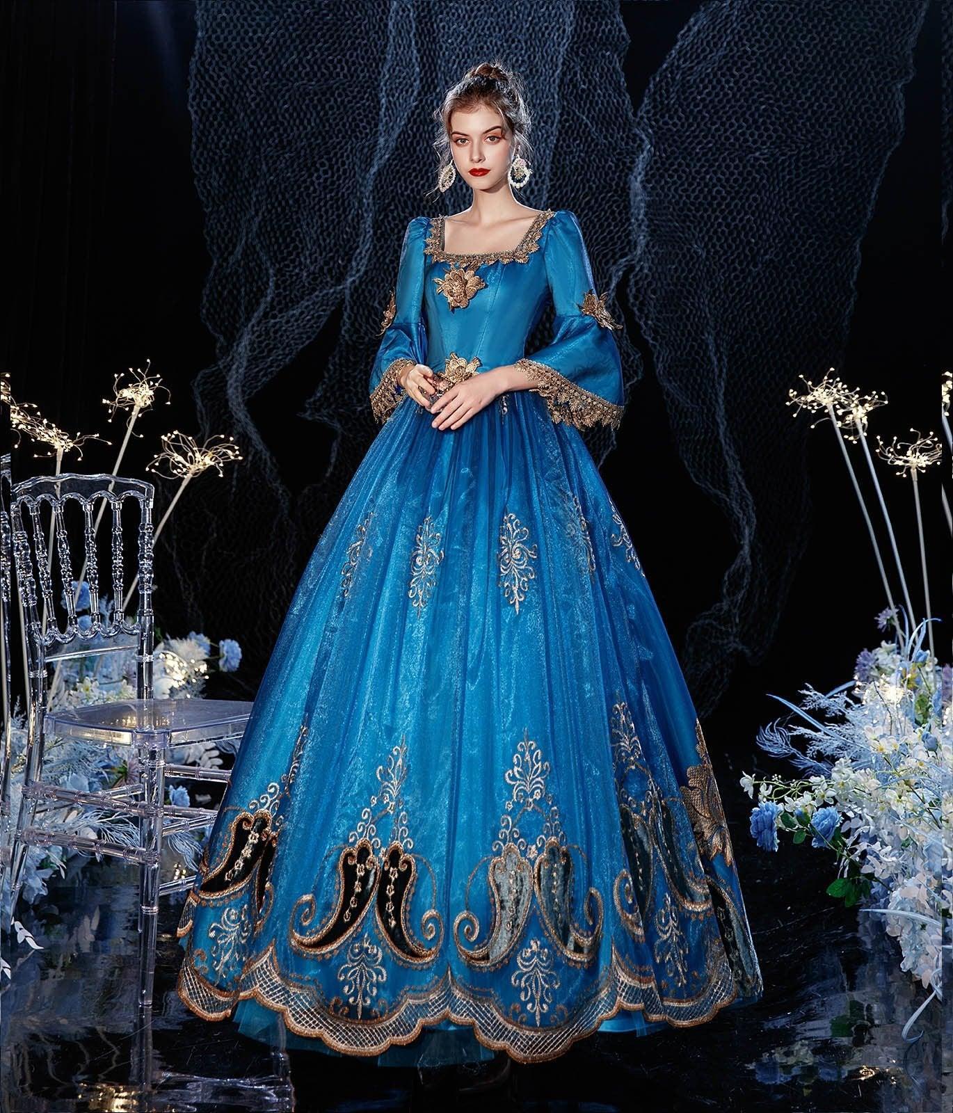 Azure Victorian Gown: 24th Edition European Court Costume for Theater and Photography - Coscosmos