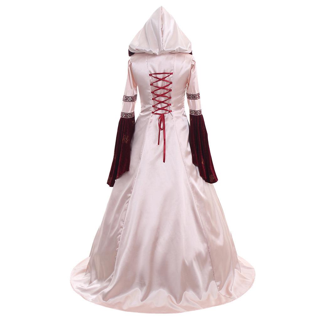 Medieval Dress Cosplay Long Sleeves pink medieval pink ball gown satin/velvet hooded dress custom made