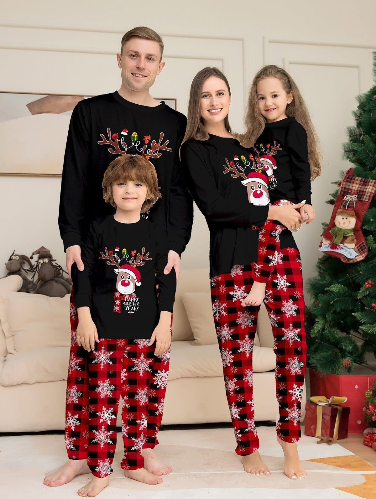 Black Christmas Family Matching Pajamas Set | Cartoon Snowflake Reindeer Print | Holiday Sleepwear for Families - Coscosmos