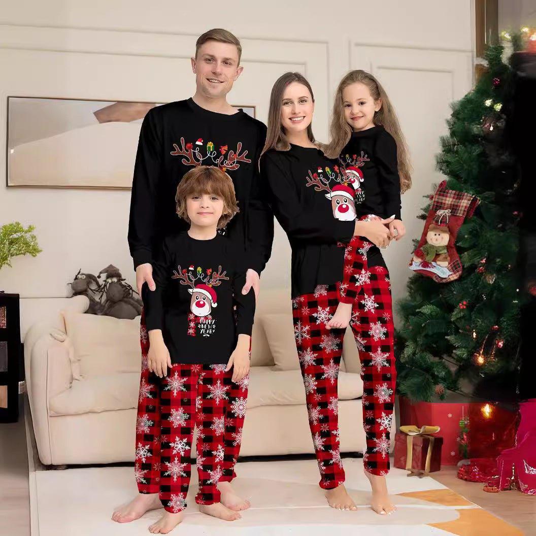 Black Christmas Family Matching Pajamas Set | Cartoon Snowflake Reindeer Print | Holiday Sleepwear for Families - Coscosmos