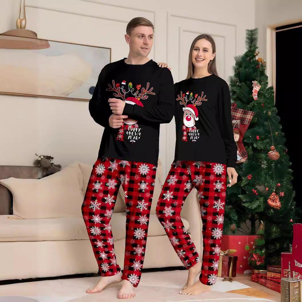 Black Christmas Family Matching Pajamas Set | Cartoon Snowflake Reindeer Print | Holiday Sleepwear for Families - Coscosmos