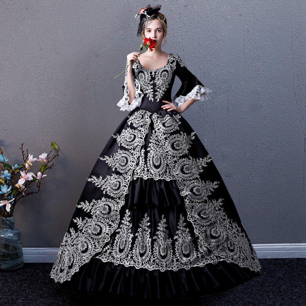 Black Enchantress Gown: Vintage European Court Costume for Halloween and Theatrical Events - Coscosmos