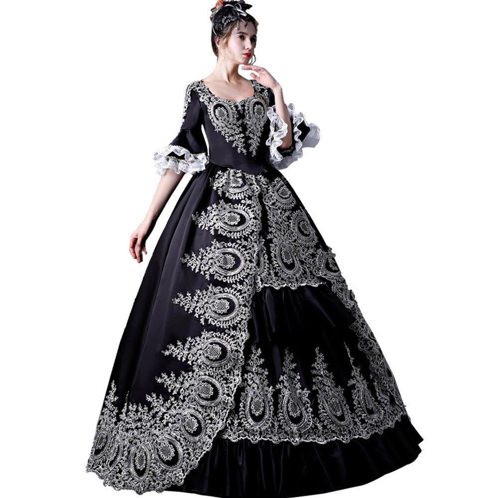 Black Enchantress Gown: Vintage European Court Costume for Halloween and Theatrical Events - Coscosmos