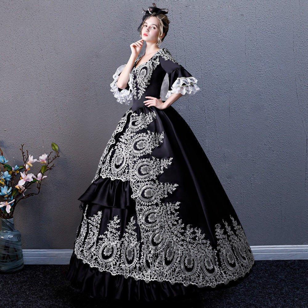 Black Enchantress Gown: Vintage European Court Costume for Halloween and Theatrical Events - Coscosmos