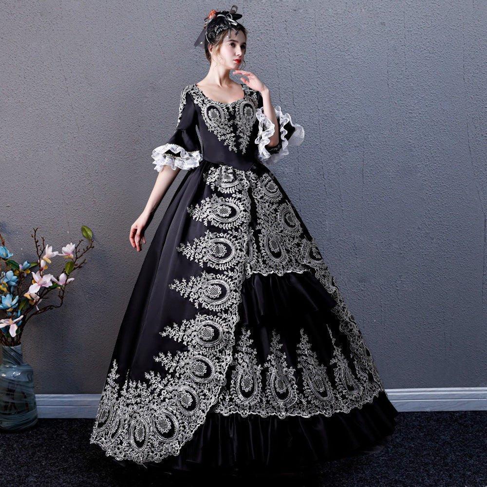 Black Enchantress Gown: Vintage European Court Costume for Halloween and Theatrical Events - Coscosmos