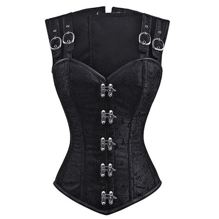 Black Lace - Up Sleeveless Corset | 12 Steel Boned Waist Trainer with Double Chain Buckles for Slimming | Coscomos - Coscosmos