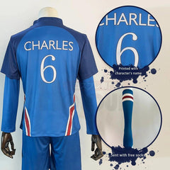 Blue Lock Anime Charles Cosplay Costume P.X.G Jersey NO.6 Embroidery Football Uniform Tops Shorts T-shirt Socks - Coscosmos