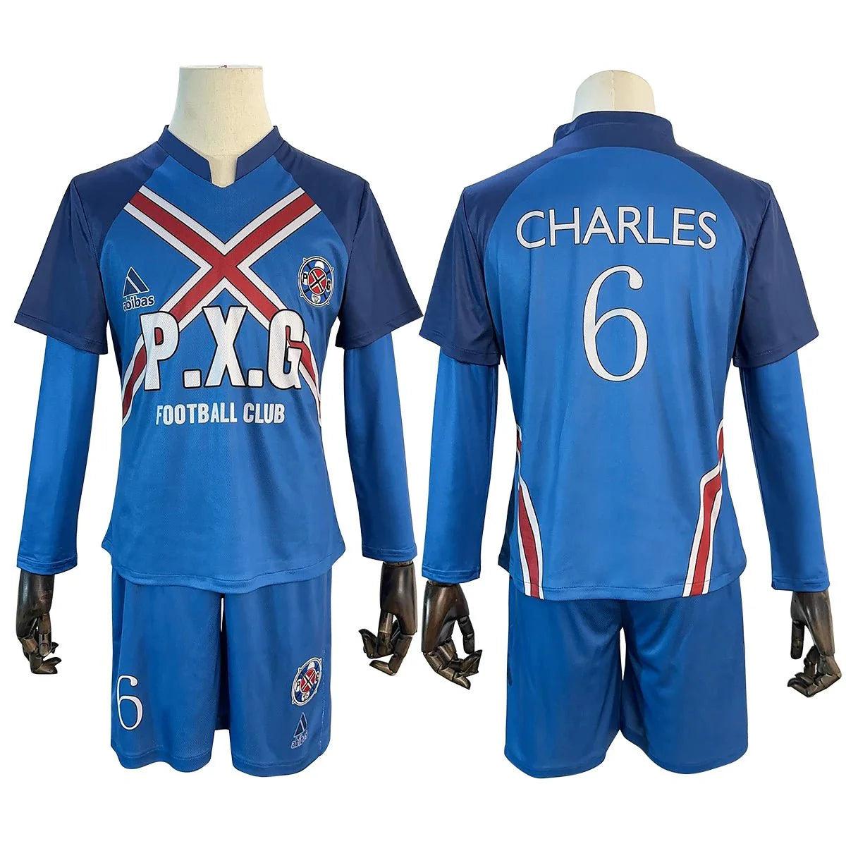 Blue Lock Anime Charles Cosplay Costume P.X.G Jersey NO.6 Embroidery Football Uniform Tops Shorts T-shirt Socks - Coscosmos