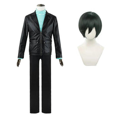 Blue Lock Anime Rin Itoshi Cosplay Costume Wig Faux Leather Jacket Cotton Strip T-Shirt Daily Wear Rose Net Synthetic - Coscosmos