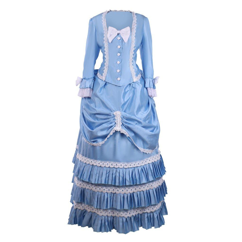 Blue Victorian Bustle Dress with Lace Details | Perfect for Cosplay, 19th Century Fashion & Themed Balls - Coscosmos