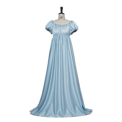 Bridgerton Cosplay Costume - Light Blue Silky Empire Waist Regency Gown - Coscosmos