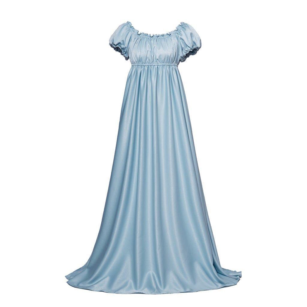 Bridgerton Cosplay Costume - Light Blue Silky Empire Waist Regency Gown - Coscosmos