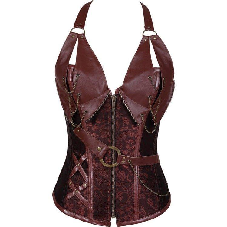 Brown 14 - Steel Bone Punk Leather Corset with Halter Neck & Belt | Gothic Waist Cincher - Coscosmos