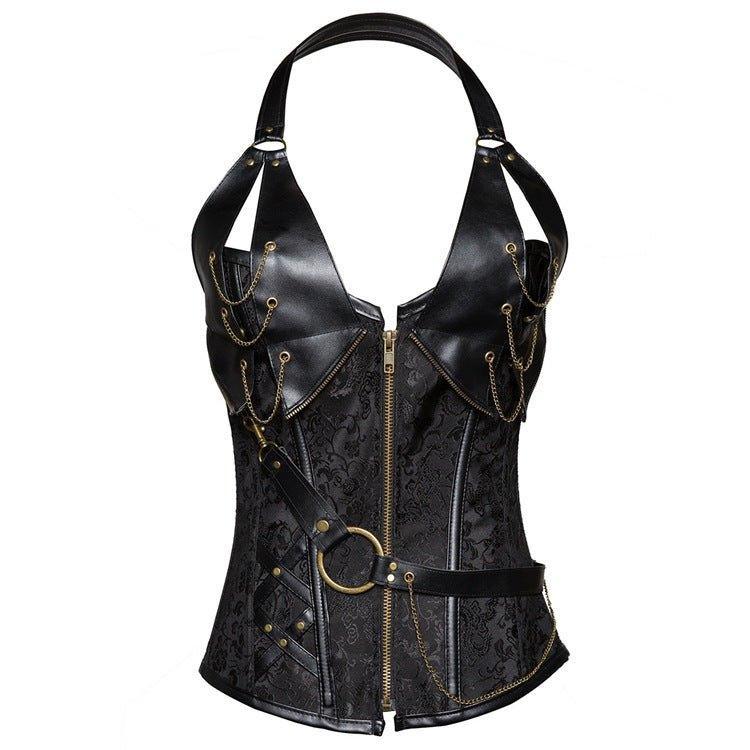 Brown 14 - Steel Bone Punk Leather Corset with Halter Neck & Belt | Gothic Waist Cincher - Coscosmos