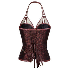 Brown 14 - Steel Bone Punk Leather Corset with Halter Neck & Belt | Gothic Waist Cincher - Coscosmos