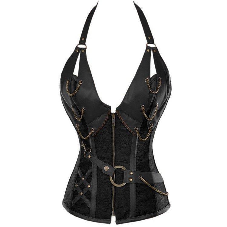 Brown 14 - Steel Bone Punk Leather Corset with Halter Neck & Belt | Gothic Waist Cincher - Coscosmos