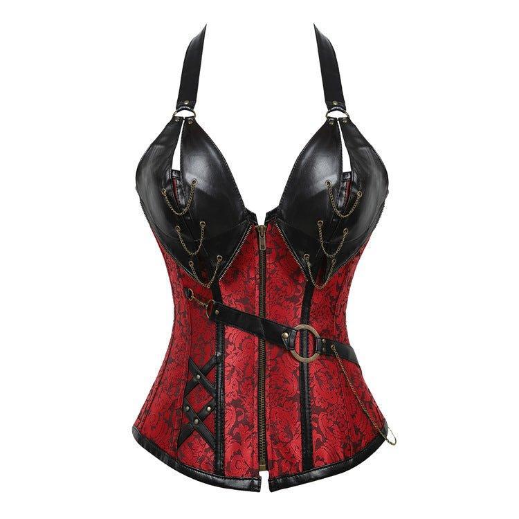 Brown 14 - Steel Bone Punk Leather Corset with Halter Neck & Belt | Gothic Waist Cincher - Coscosmos