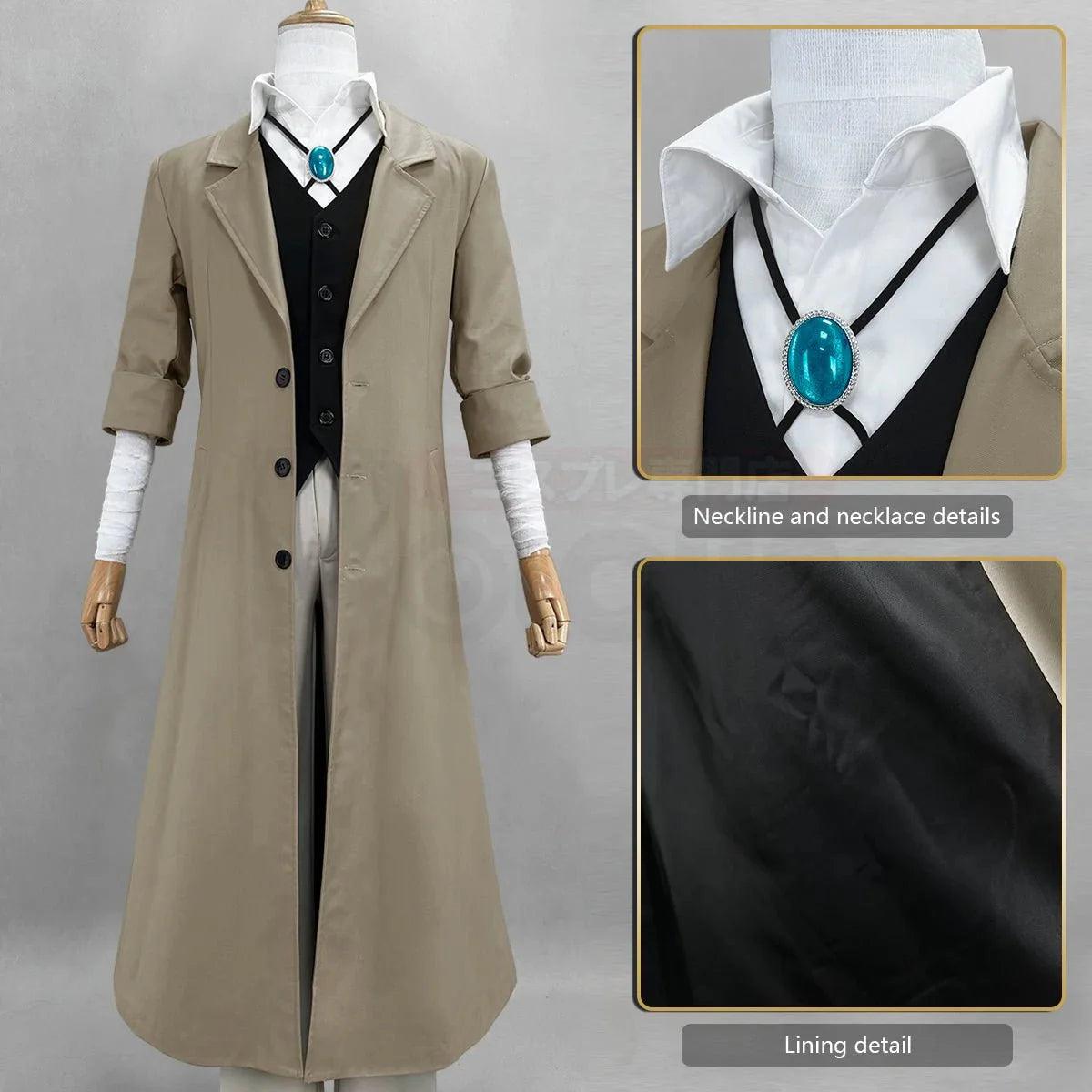 Bungo Anime Dazai Osamu Cosplay Costume Wig Oversized Lining Coat Elastic Pants Vest Shirt Pendant Daily Wearing Cos - Coscosmos