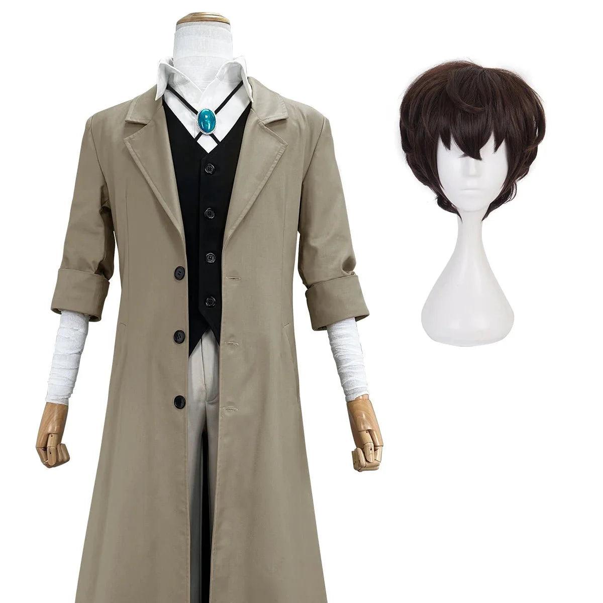 Bungo Anime Dazai Osamu Cosplay Costume Wig Oversized Lining Coat Elastic Pants Vest Shirt Pendant Daily Wearing Cos - Coscosmos