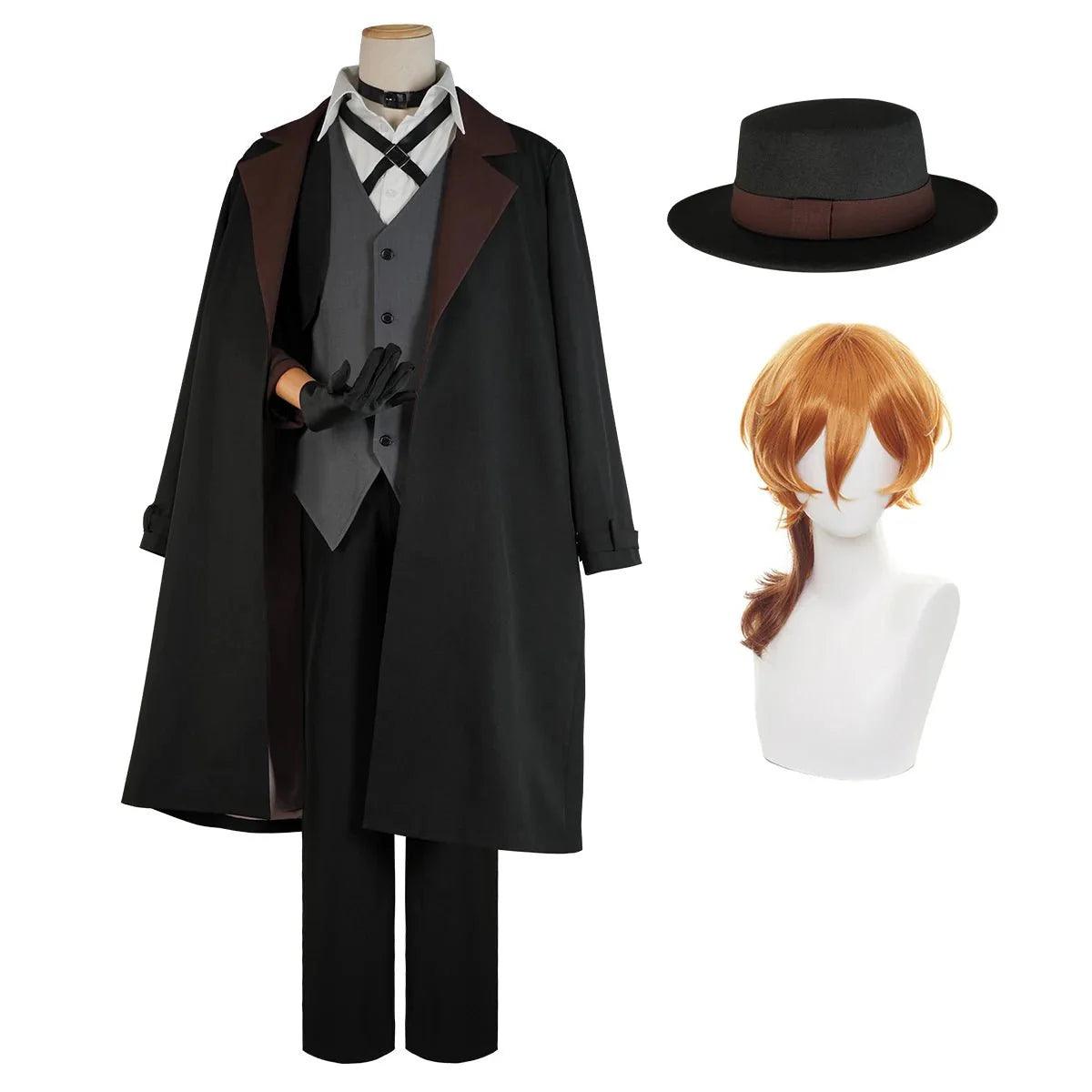 Bungo Anime Nakahara Chuuya Cosplay Costume Wig Oversize Lining Coat Elastic Pants Shirt Vest Hat Gloves Choker Daily - Coscosmos