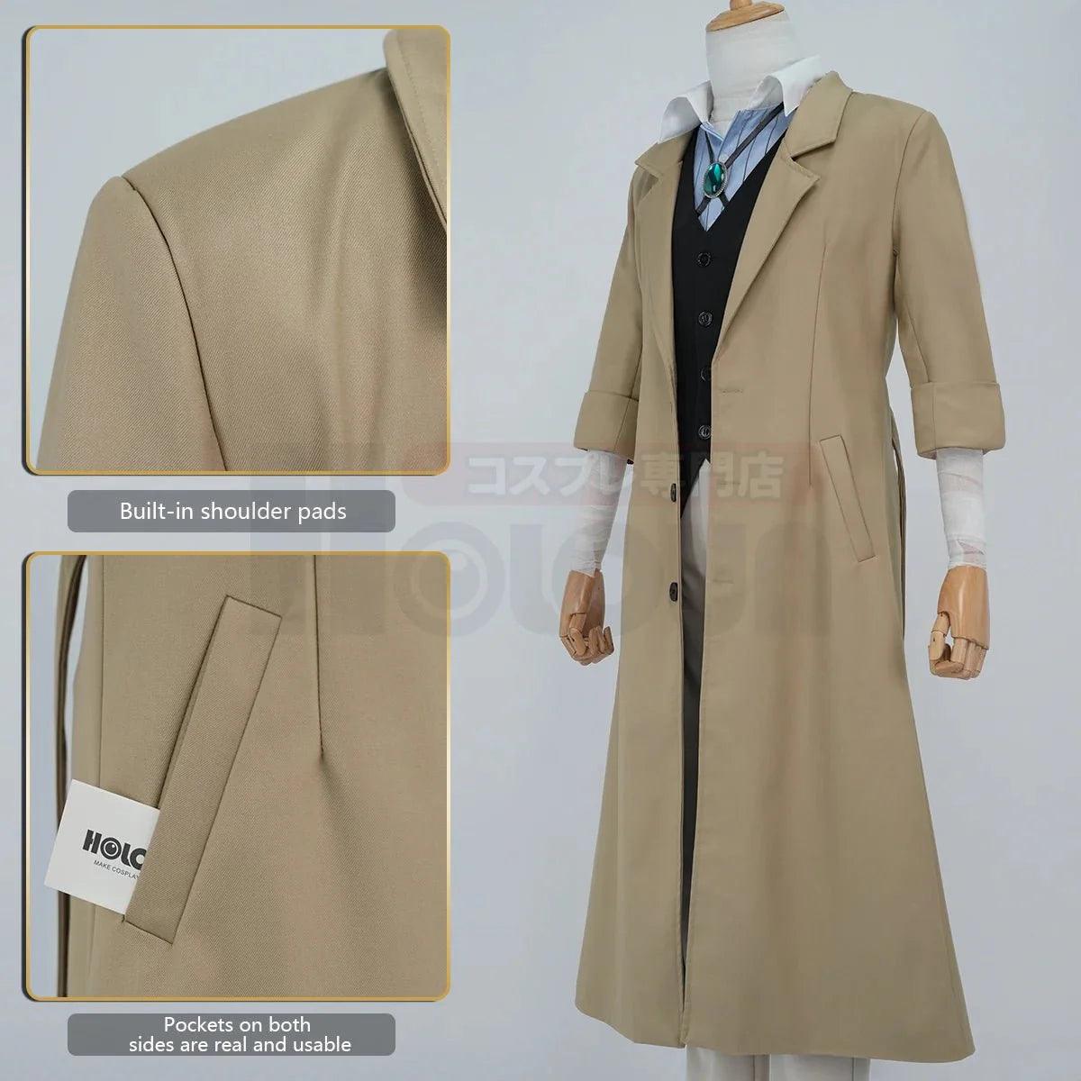 Bungo BSD Anime Dazai Osamu Cosplay Costume Wig Oversized Lining Coat Elastic Pants Vest Shirt Pendant Daily Wear Latest - Coscosmos