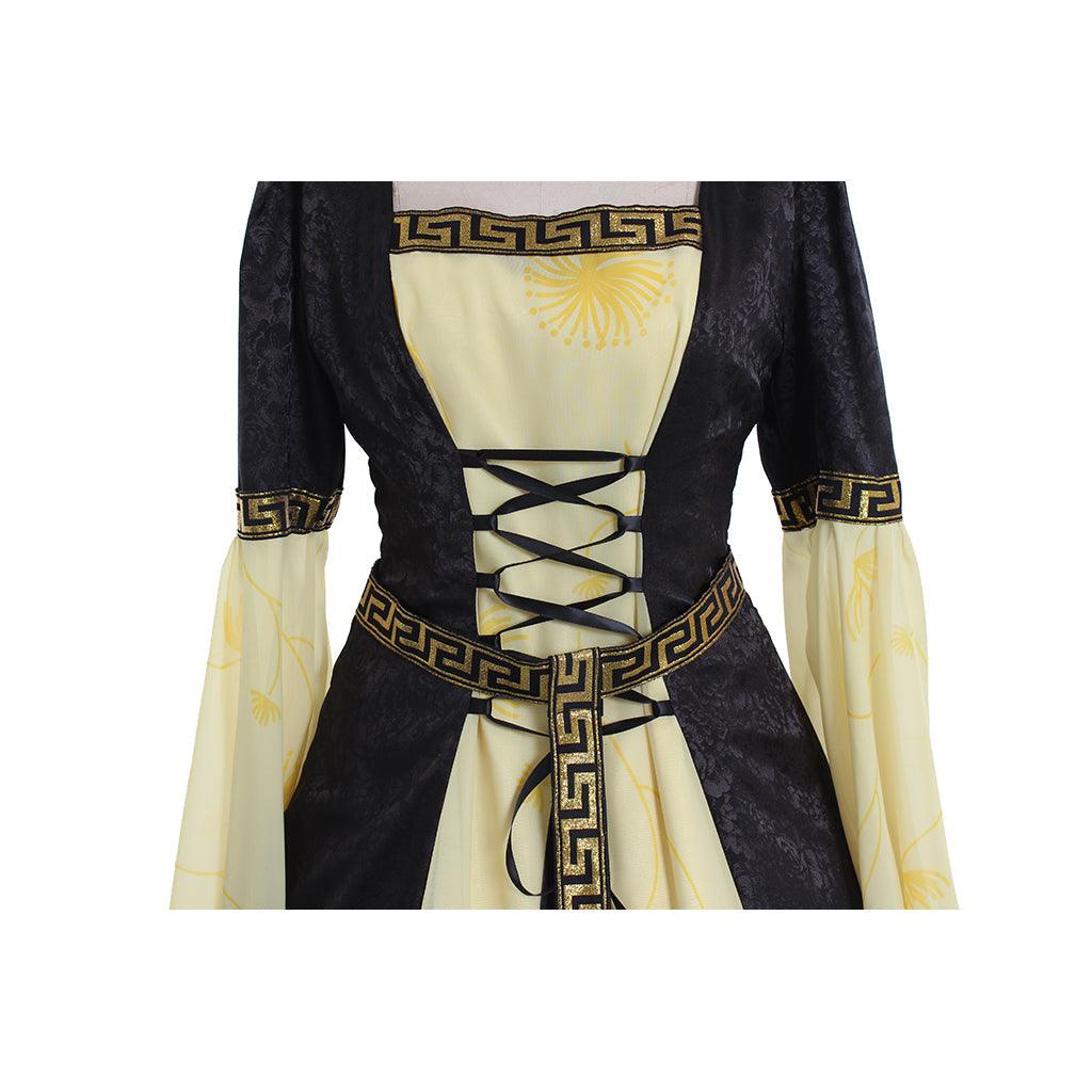 Yellow Black Hooded Medieval Dress with Belt - Women's Stage Musical Vintage Maxi Dresses Party Halloween Outfit